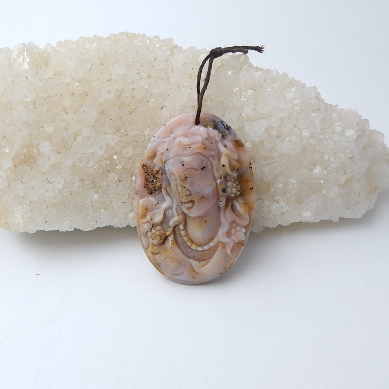 Pink Opal Carved woman Pendant, 45x32x13mm, 16.4g - MyGemGarden