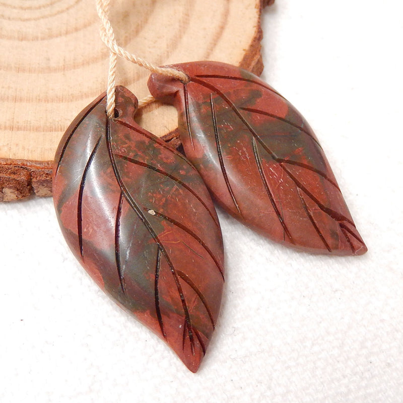 Multicolor Picasso Jasper Carved Leaf Earrings Stone Pair, 35x17x4mm, 7g - MyGemGarden