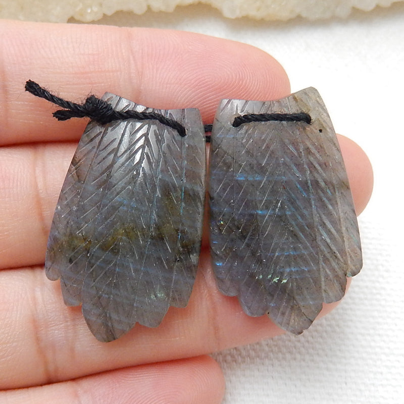 Labradorite Carved Feather Earrings Pair, Handcarved Gemstone Feather Dangle Earrings, 31x19x4mm, 8.9g - MyGemGarden