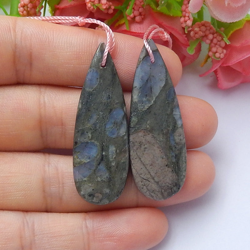 Natural blue sandstone Earrings Pair 39x14x4mm,7.2g - MyGemGarden