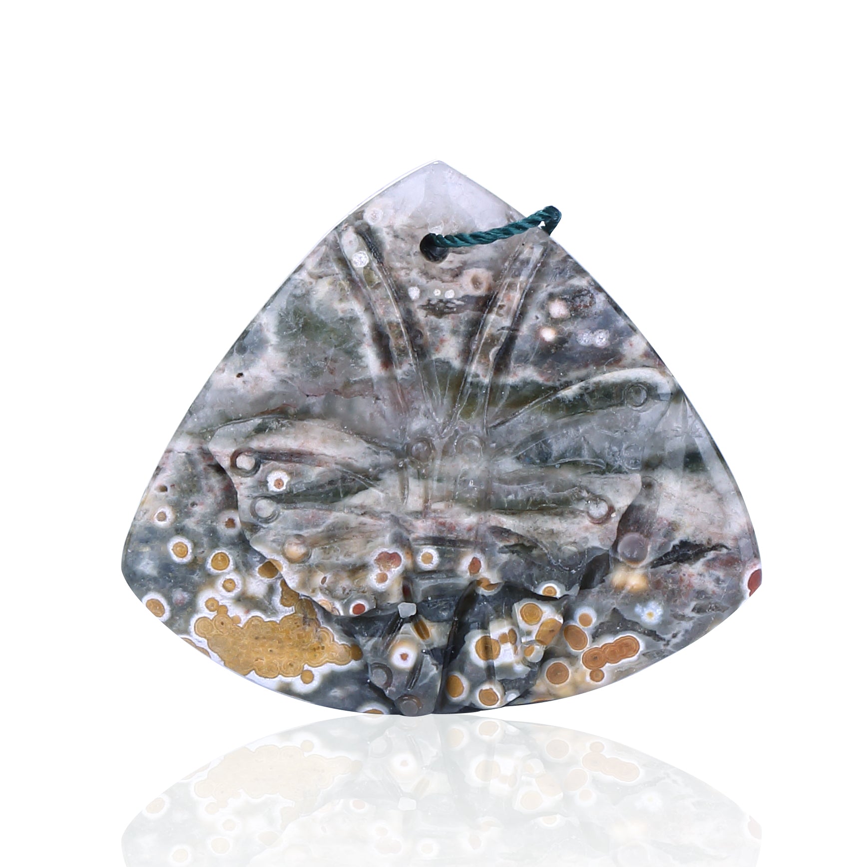 Natural Carved Ocean Jasper Butterfly Pendant Bead, 41x35x8mm, 15.76g - MyGemGarden