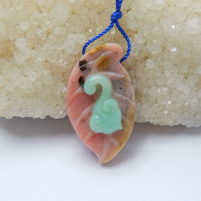 Handmade Pink Opal and Chrysoprase carved leaf Pendant Bead, 35x21x8mm, 6.6g - MyGemGarden