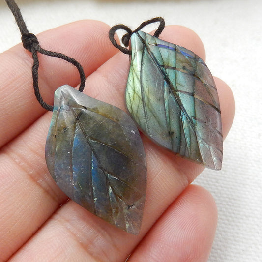 Hot sale Labradorite Carved leaf Earrings Pair, 29x17x4mm, 6.1g - MyGemGarden