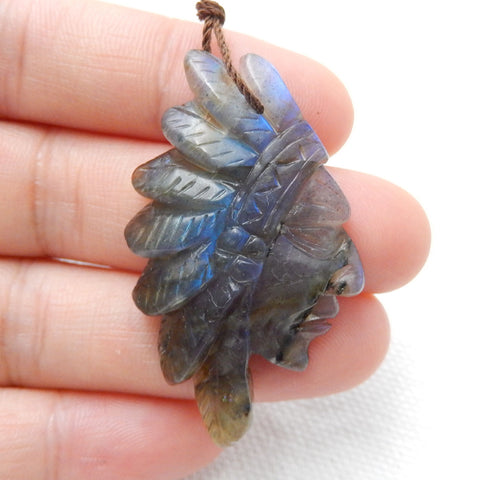 Carved Labradorite Gemstone Indian Head Pendant, 42x28x7mm, 7.7g - MyGemGarden