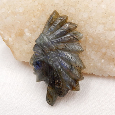 Vintage Hand Carved Labradorite Gemstone Indian Head Pendant , 61x37x8mm, 20.1g - MyGemGarden