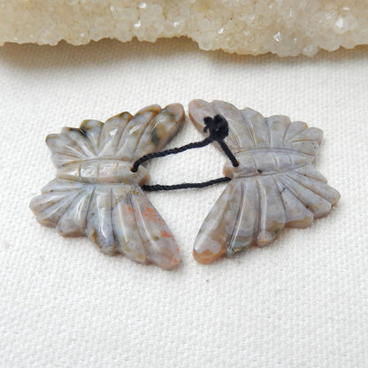 New, Carved Ocean Jasper Butterfly Gemstone Earrings Set, 33x27x4mm, 10g - MyGemGarden
