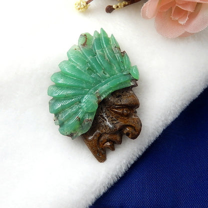 Top quality Chrysoprase Carved Indian Head Cabochon, 48x32x11mm, 15.2g - MyGemGarden