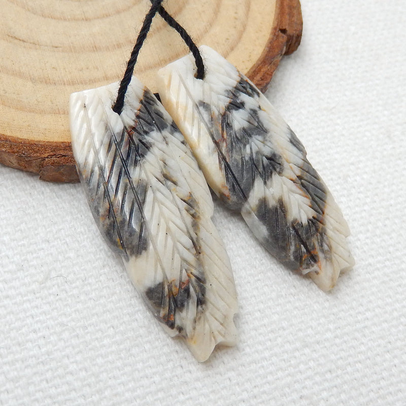 New! Hand Carved White Zebra Jasper Feather Earrings Pair, Natural Stone, 35x14x4mm, 7.1g - MyGemGarden