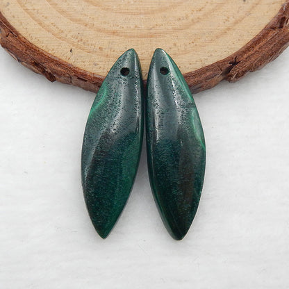 Carved Green Malachite Shuttle Shape Earrings Stone Pair, 32x10x4mm, 5.3g