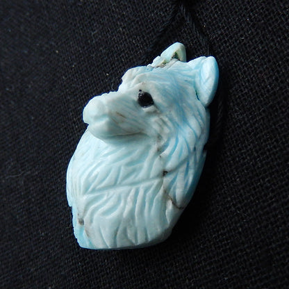 Unique larimar Handmade carved wolf head pendant bead, 34x21x17mm, 11.6g - MyGemGarden