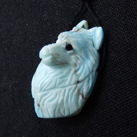 Unique larimar Handmade carved wolf head pendant bead, 34x21x17mm, 11.6g - MyGemGarden