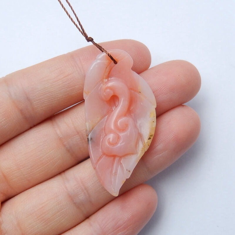 Handmade Pink Opal carved leaf Pendant Bead, 40x20x6mm, 4.6g - MyGemGarden