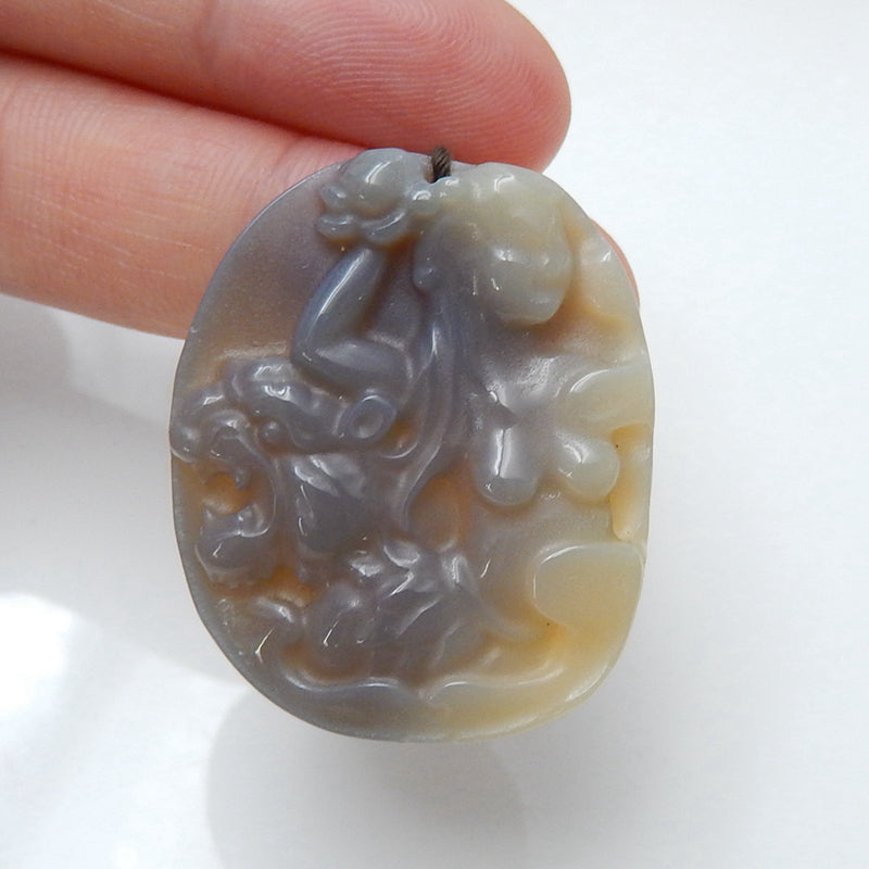Handmade Agate Carving Tiger and Woman Gemstone Pendant Bead, 33x27x6mm, 9.1g - MyGemGarden