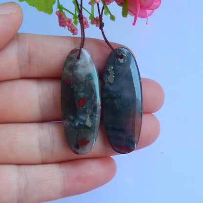 Natural African Blood Stone Drilled Earrings Pair 37x14x5mm,8.6g - MyGemGarden