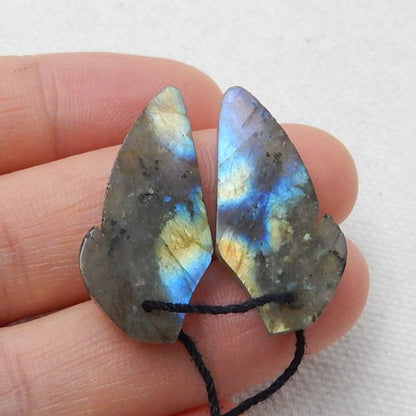 Labradorite Carved Wings Earrings Stone Pair, 27x13x4mm, 4.2g - MyGemGarden